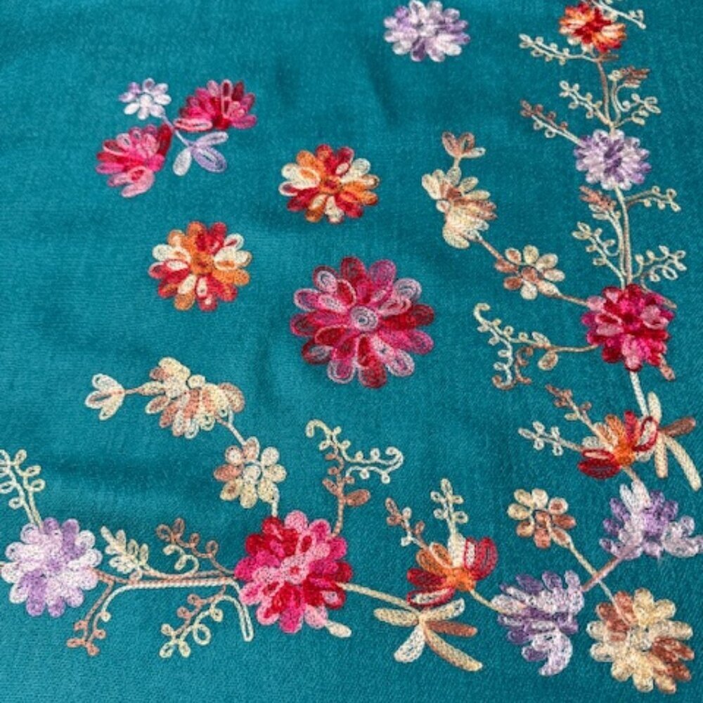 29 Palms Teal Scarf Wrap Shawl Floral Embroidered Fringe One Size - Picture 3 of 7